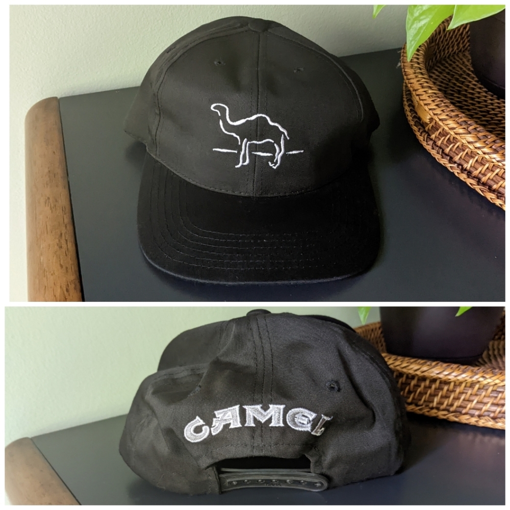 Vintage CAMEL Cigarettes Snapback Baseball Hat Cap Black Logo & Spellout Back